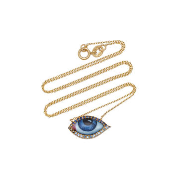 14K Gold Small Blue Diamond And Sapphire Enamel Eye Necklace