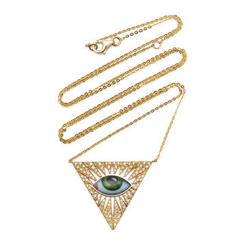 14K Gold Small Green Enamel Eye Necklace