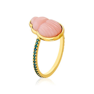 14K Gold Pink Opal Scarab and Blue Diamond Ring