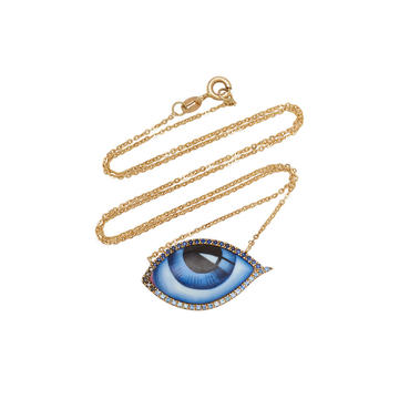 14K Gold Large Blue Diamond And Sapphire Enamel Eye Necklace