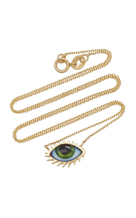 14K Gold Small Green Enamel Eye Necklace展示图