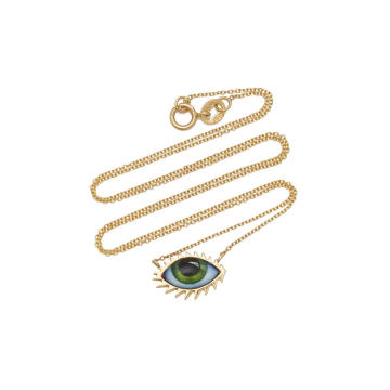 14K Gold Small Green Enamel Eye Necklace