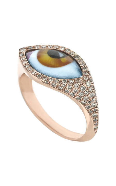 14K Rose Small Amber Enamel Eye Gold Ring展示图