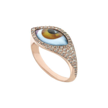 14K Rose Small Amber Enamel Eye Gold Ring