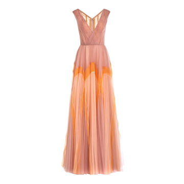 Printed Pliss�� Tulle Gown