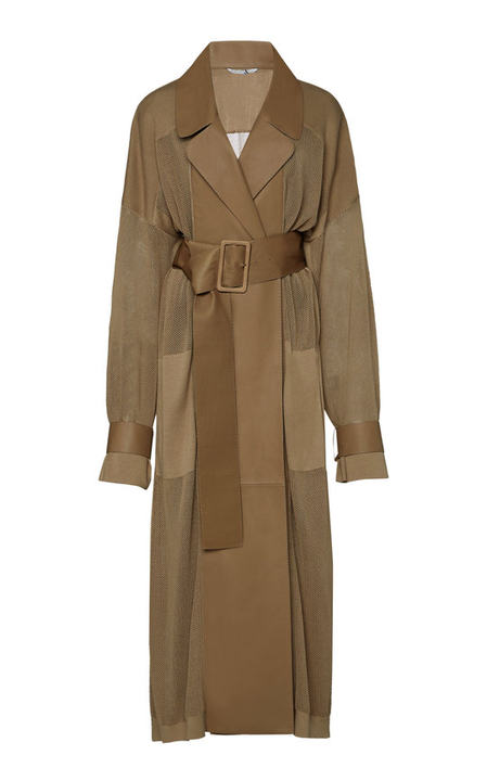 Leather-Paneled Cotton-Silk Open-Knit Trench Coat展示图