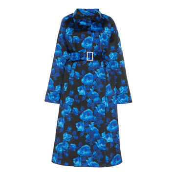 Floral-Print Belted Satin Trench Coat