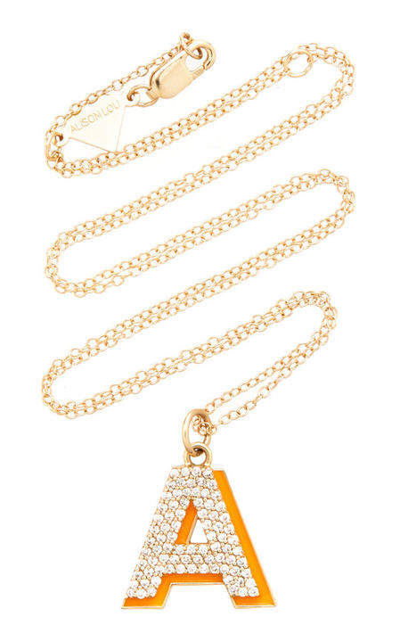 14K Gold and Diamond Orange Enamel Letter Necklace展示图