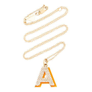 14K Gold and Diamond Orange Enamel Letter Necklace