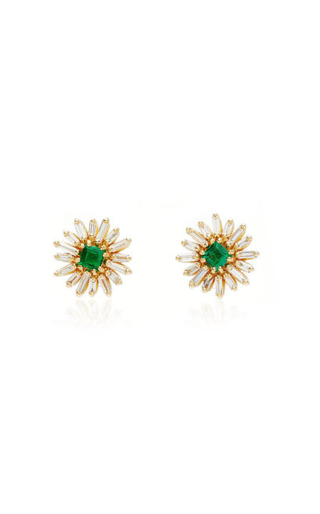 18K Yellow Gold Emerald Flower Stud Earrings展示图