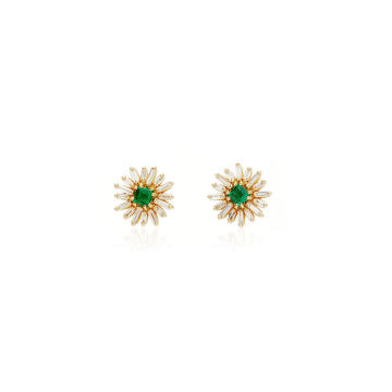 18K Yellow Gold Emerald Flower Stud Earrings