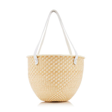 Two-Tone Leather-Trimmed Straw Tote