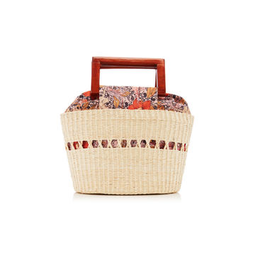 Printed Wood-Trimmed Straw Tote