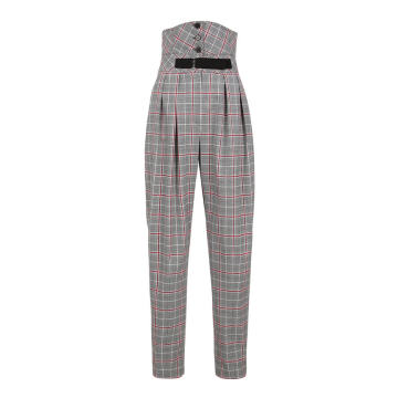 High-Waisted Buttoned Checked Pants