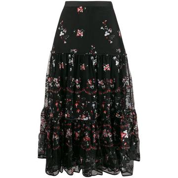 embroidered floral print ruffled skirt