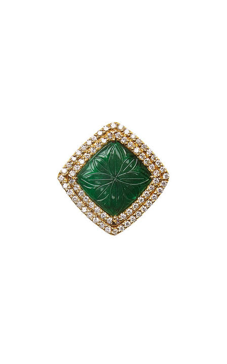 One of a Kind 18K Green Gold Hand Carved Emerald Lapel Pin with Double Diamond Bezel展示图