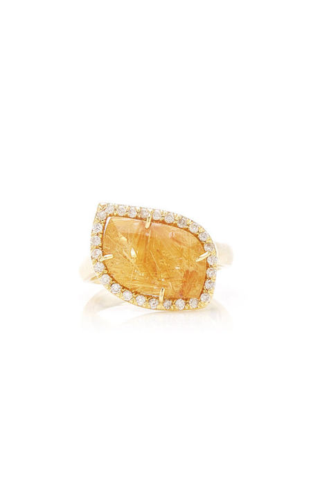 One of a Kind 18K Yellow Gold Rutilated Quartz Ring with Diamonds展示图