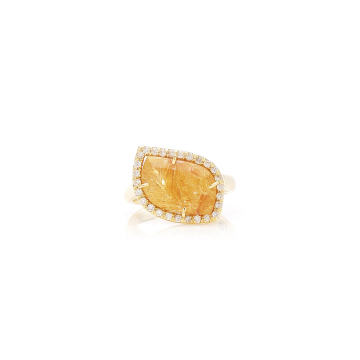 One of a Kind 18K Yellow Gold Rutilated Quartz Ring with Diamonds