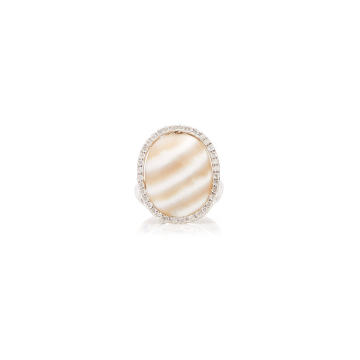 One of a Kind 18K White Gold Striped Chalcedony Ring with Diamonds
