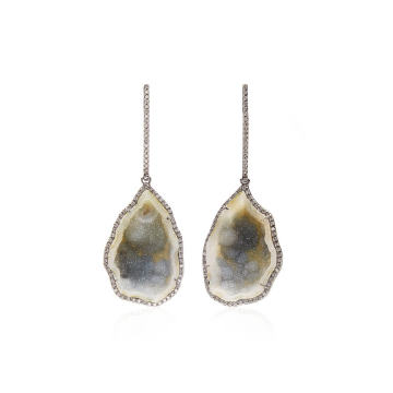 One of a Kind 18K Yellow Gold Geode and Diamond Earrings on an Elongated Stem