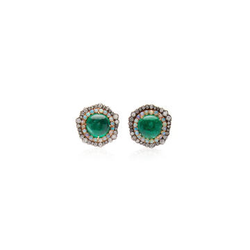 One of a Kind 18K White Gold Emerald Cabochon Studs with Crystal Opals and Irregular Diamonds
