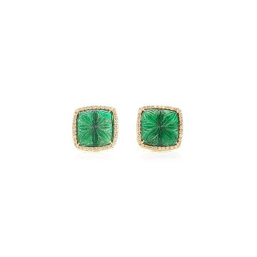 One of a Kind 18K Green Gold Hand Carved Emerald Cufflinks with Diamonds