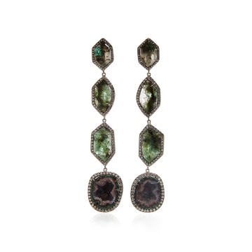 One of a Kind 18K White Gold Triple Drop Emerald Slice and Geode Drop Earrings
