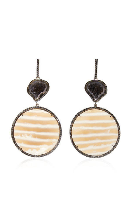 One of a Kind 18K Rose Gold Striped Chalcedony Earrings with Dark Geodes and Black Diamonds展示图