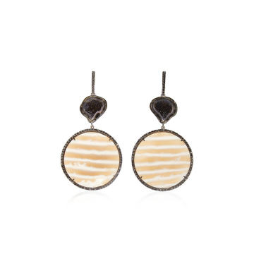 One of a Kind 18K Rose Gold Striped Chalcedony Earrings with Dark Geodes and Black Diamonds