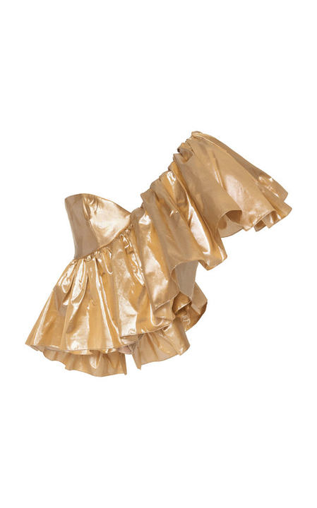 Ruffled One-Shoulder Metallic Silk Top展示图