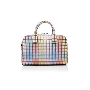 Grid-Print Leather Top Handle Bag