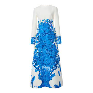 Delft-Print Wool Silk Maxi Dress