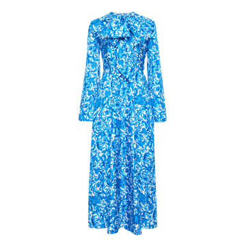 Tie-Detailed Delft-Print Silk Midi Dress