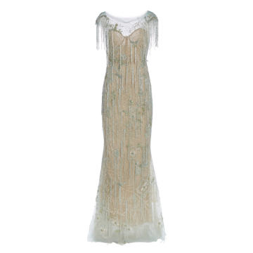 Fringe-Embellished Tulle Gown