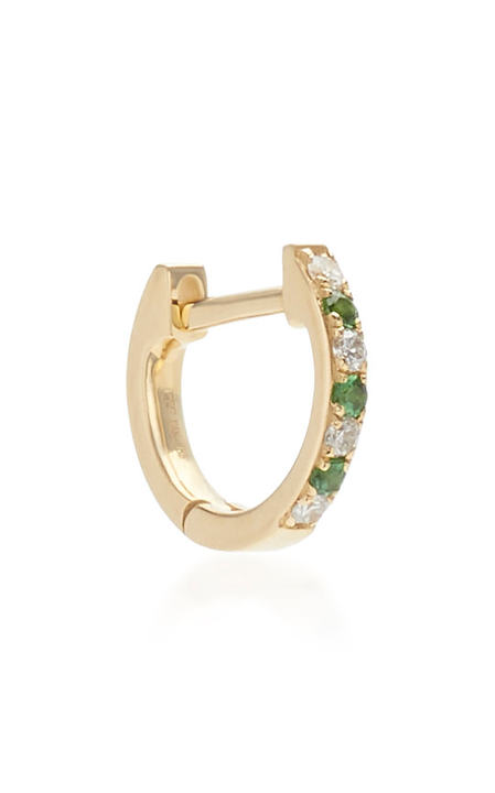 Mini 14K Gold Diamond and Tsavorite Single Huggie Earring展示图