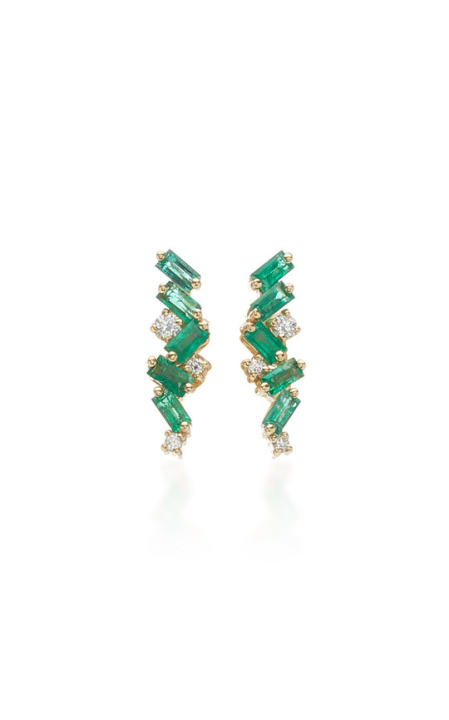 18K Yellow-Gold Emerald Baguette and Diamond Earrings展示图