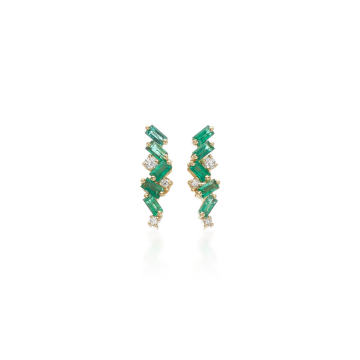 18K Yellow-Gold Emerald Baguette and Diamond Earrings