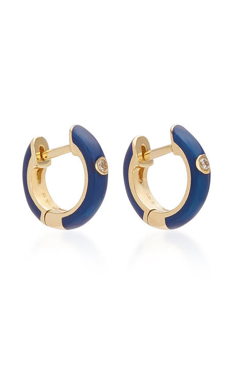 14K Gold and Diamond Navy Enamel Huggie Earrings展示图