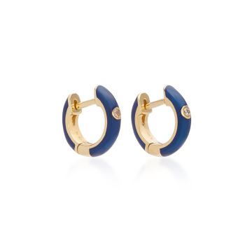 14K Gold and Diamond Navy Enamel Huggie Earrings