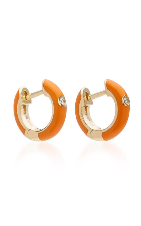 14K Gold and Diamond Orange Enamel Huggie Earrings展示图