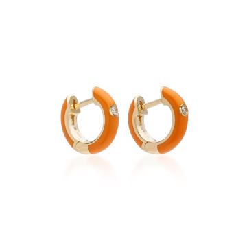 14K Gold and Diamond Orange Enamel Huggie Earrings