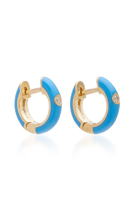 14K Gold and Diamond Blue Enamel Huggie Earrings展示图