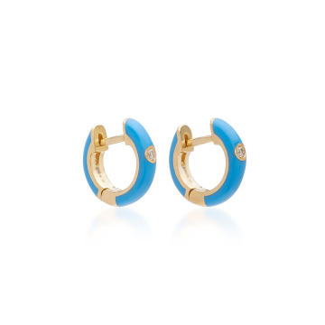 14K Gold and Diamond Blue Enamel Huggie Earrings