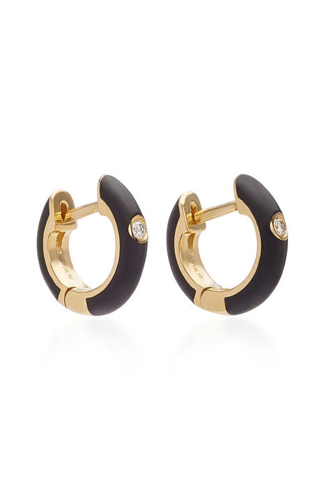 14K Gold and Diamond Black Enamel Huggie Earrings展示图