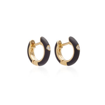 14K Gold and Diamond Black Enamel Huggie Earrings