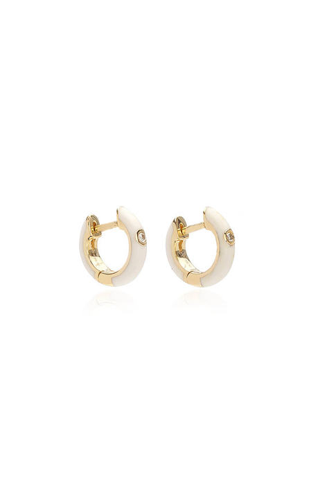 14K Gold and Diamond White Enamel Huggie Earrings展示图