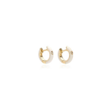 14K Gold and Diamond White Enamel Huggie Earrings