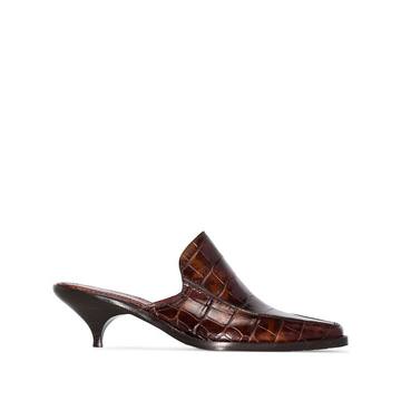 brown kaya 50 croc embossed leather mules