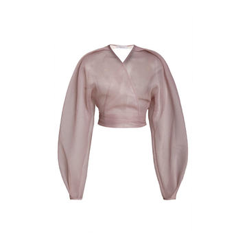 Autio Puff-Sleeve Crinkled Organza Crop Top