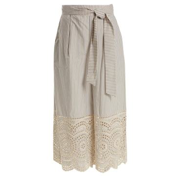 Meridian striped broderie-anglaise cotton trousers